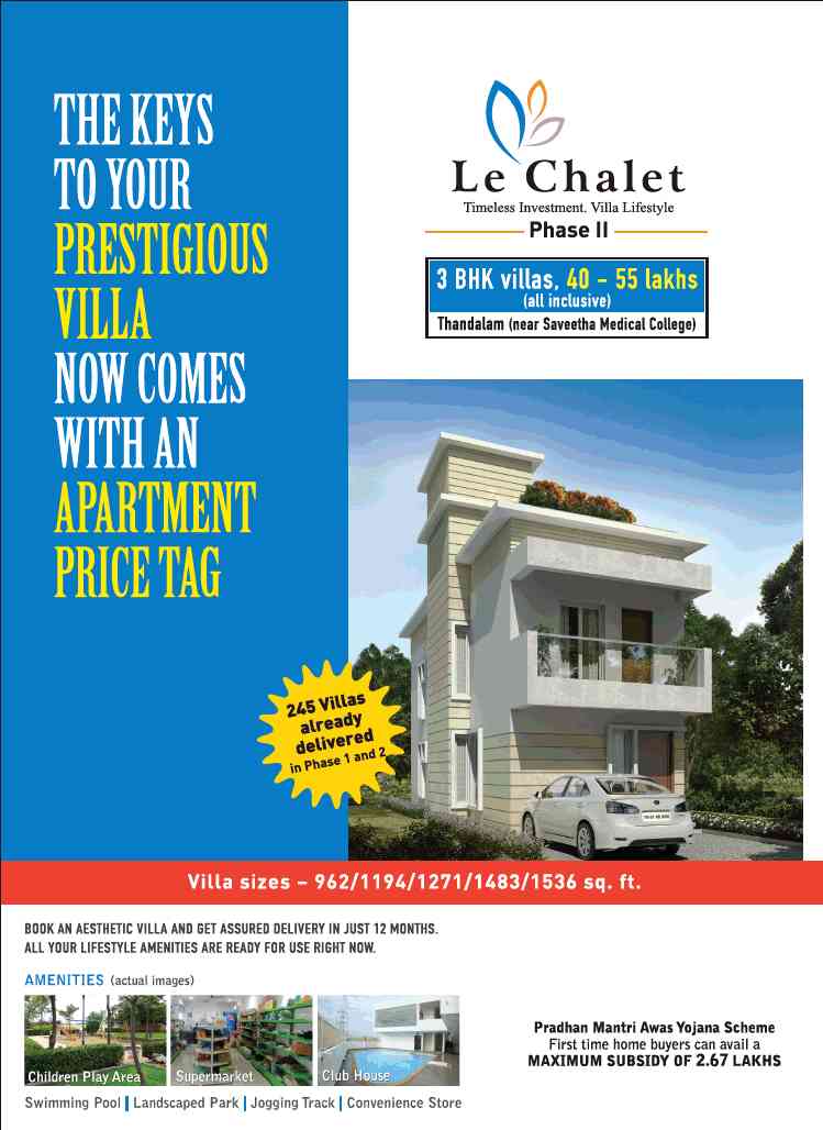 The keys to your prestigious villa now comes with an apartment price tag at Baashyaam Le Chalet in Chennai